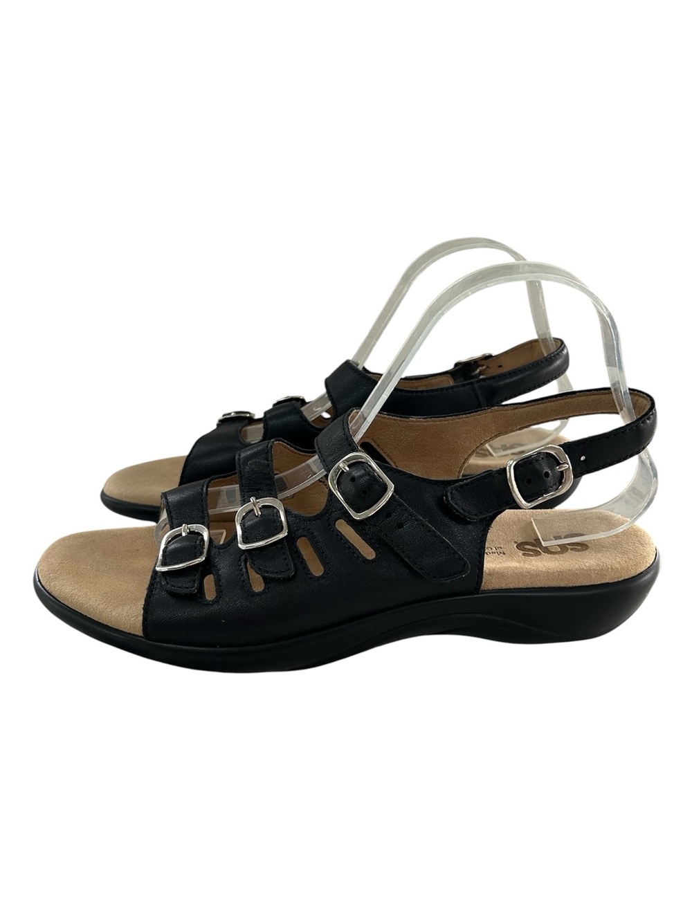 SAS Mystic Black Leather Slingback Buckle Strap Sandals 10 Slim/Narrow